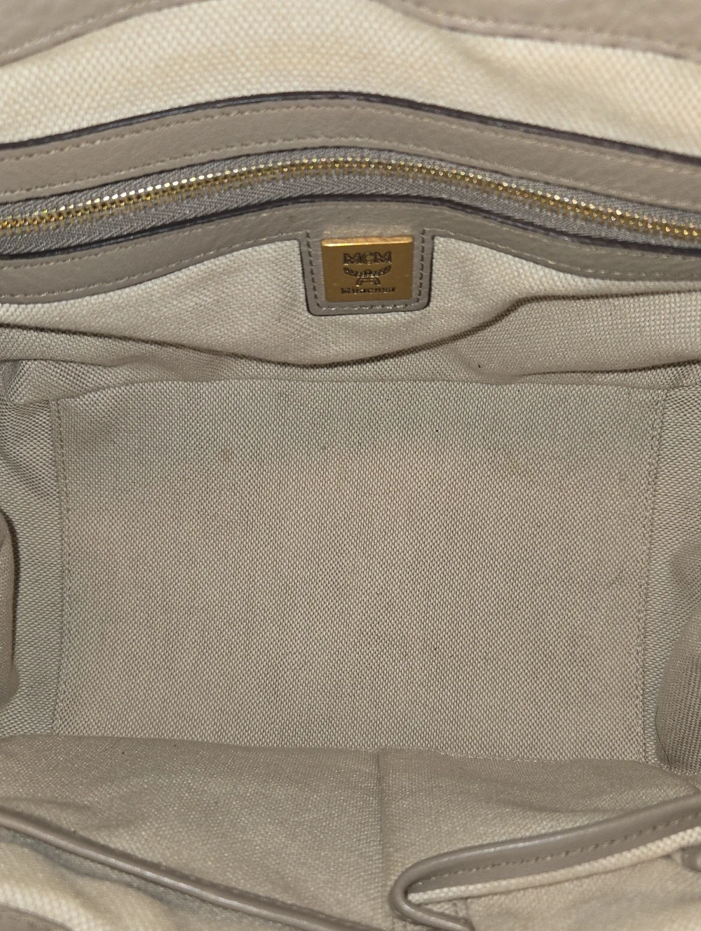 MCM Pebbled Taupe Leather Satchel with Gold Plaque